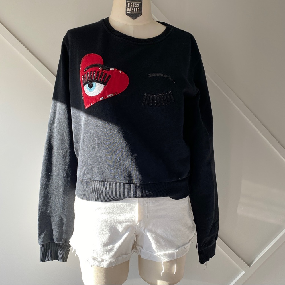Chiara Ferragni Winking Eye Cropped Sweatshirt S Black | Crewneck | Influencer